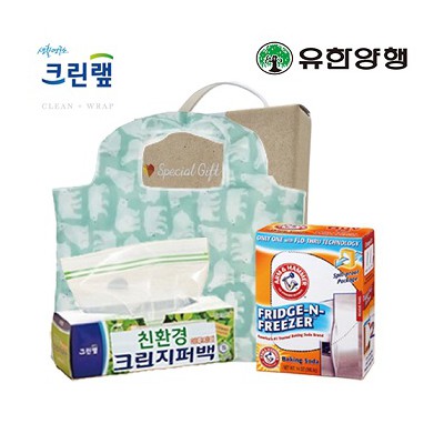 친환경스위트홈세트43호(암앤해머냉장고탈취제+크린랩지퍼백+특대형시장가방)